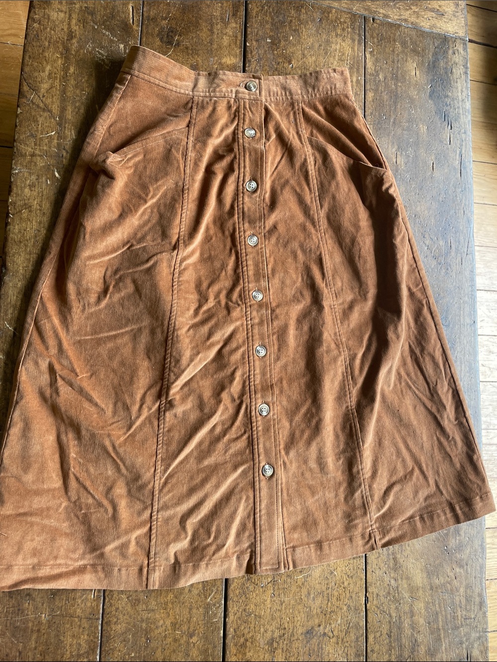 Button-Front Corduroy Skirt in Rust Orange